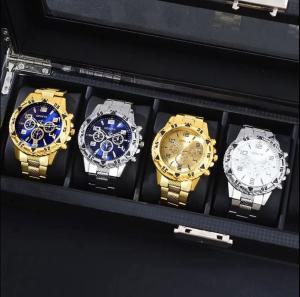 4 Piece Luxury Watch Set Mens Geneva Chronograph Gold Silver Blue White Gift New