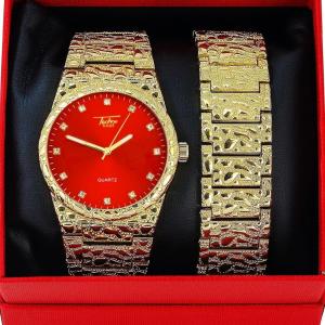 MEN ICED HIP HOP GOLD PT BLING RED DIAL GOLDEN NUGGET WATCH & BRACELET GIFT SET