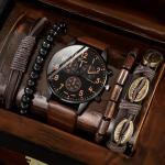 5pc Retro Men Quartz Watch and Fashion Bracelet Gift Set Holiday Gift New Brown