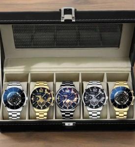 Geneva 5 Piece Mens Watch Set Luxury Quartz Chronograph Gift Gold Silver Black