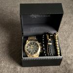 American Exchange Men's Gold-Tone Bracelet Watch 52mm Gift Set Black Crown Cross