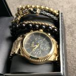 American Exchange Men's Gold-Tone Bracelet Watch 52mm Gift Set Black Crown Cross