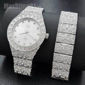 MEN'S ICED HIP HOP STYLE GOLDEN NUGGET CZ LUXURY BLING WATCH & BRACELET GIFT SET