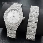 MEN'S ICED HIP HOP STYLE GOLDEN NUGGET CZ LUXURY BLING WATCH & BRACELET GIFT SET