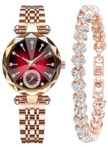 Women Watches with Bracelet Rose Gold for Lady Elegant Stainless Steel Strap Fashion Analog Creative Diamond Dial Wrist Watch (Red)
