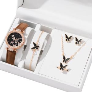 YUELER 6pcs/Set Luxury Watch Women Rings Necklace Earrings Bracelet Set Butterfly Leather Strap Watches Lady Wristwatch