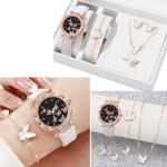YUELER 6pcs/Set Luxury Watch Women Rings Necklace Earrings Bracelet Set Butterfly Leather Strap Watches Lady Wristwatch