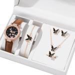 YUELER 6pcs/Set Luxury Watch Women Rings Necklace Earrings Bracelet Set Butterfly Leather Strap Watches Lady Wristwatch