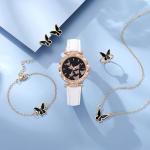 YUELER 6pcs/Set Luxury Watch Women Rings Necklace Earrings Bracelet Set Butterfly Leather Strap Watches Lady Wristwatch