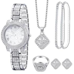 Ecation 7 Pcs Luxury Women Watch and Bracelet Set Elegant Rhinestone Jewelry Quartz Watch and Women's Wrist Bangle Diamond Ring Necklace Earrings Set with Box for Wife Ladies Gift