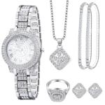 Ecation 7 Pcs Luxury Women Watch and Bracelet Set Elegant Rhinestone Jewelry Quartz Watch and Women's Wrist Bangle Diamond Ring Necklace Earrings Set with Box for Wife Ladies Gift