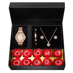 Gifts for Women Jewelry Sets, 4 Pieces Rose Gold Women's Watch Necklace Earring Bracelet Birthday Gifts for Women's Jewelry Sets for Women Gift for Wife Girlfriend Her Birthday Gift for Mom Mother