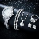 Ecation 7 Pcs Luxury Women Watch and Bracelet Set Elegant Rhinestone Jewelry Quartz Watch and Women's Wrist Bangle Diamond Ring Necklace Earrings Set with Box for Wife Ladies Gift