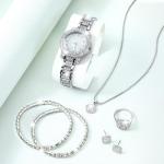 Ecation 7 Pcs Luxury Women Watch and Bracelet Set Elegant Rhinestone Jewelry Quartz Watch and Women's Wrist Bangle Diamond Ring Necklace Earrings Set with Box for Wife Ladies Gift