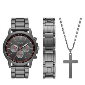 Folio Men's Gunmetal Gray Watch, Bracelet and Necklace Gift Set (Model: FMDFL6045)