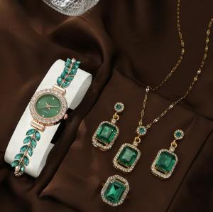 Vintage Green Crystal Watch Jewelry Set Women Gold Quartz Gift Box Included