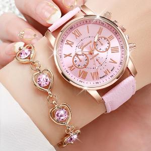 Women Watch Jewelry Set 5pcs Geneva Quartz Heart Rhinestone Leather Band Gift