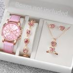 Women Watch Jewelry Set 5pcs Geneva Quartz Heart Rhinestone Leather Band Gift