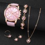 Women Watch Jewelry Set 5pcs Geneva Quartz Heart Rhinestone Leather Band Gift