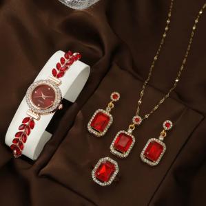 Vintage Red Crystal Watch Jewelry Gift Set Women Gold Quartz Gift Box Included