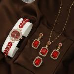 Vintage Red Crystal Watch Jewelry Gift Set Women Gold Quartz Gift Box Included
