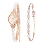 Women's Natural Pearls Oval Dial Dress Quartz Wrist Watch Bracelet Set for Gift