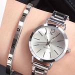 Silvery Fashion Round Quartz Watch With ‘LOVE’ Engraved Bracelet Women Gift Set