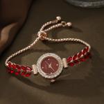 Vintage Red Crystal Watch Jewelry Gift Set Women Gold Quartz Gift Box Included