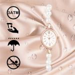 Women's Natural Pearls Oval Dial Dress Quartz Wrist Watch Bracelet Set for Gift