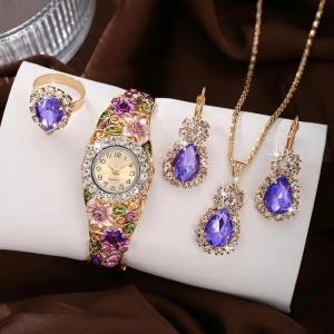 5pcs Purple Women Baroque Flower Rhinestone Quartz Bangle Watch Jewelry Set Gift