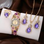 5pcs Purple Women Baroque Flower Rhinestone Quartz Bangle Watch Jewelry Set Gift