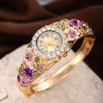 5pcs Purple Women Baroque Flower Rhinestone Quartz Bangle Watch Jewelry Set Gift
