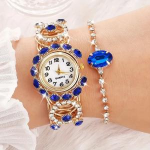 2Pc Boho Luxury Blue Rhinestone Women Quartz Watch & Bracelet Set Gift New