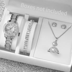 Women's Watch Bracelet Stainless Steel Strap Woman Necklace Earrings Set Gift
