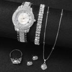 Women's Watch Bracelet Stainless Steel Strap Woman Necklace Earrings Set Gift