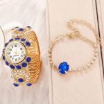 2Pc Boho Luxury Blue Rhinestone Women Quartz Watch & Bracelet Set Gift New
