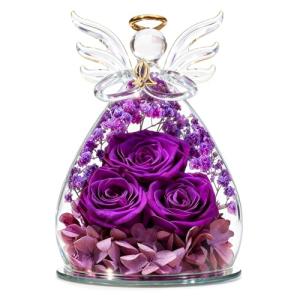 Beferr Christmas Birthday Gifts for Women, Mom Gifts for Christmas Fresh Flowers for Delivery Prime Forever Preserved Rose in Glass Angel Figurine Xmas Gifts for Grandma Wife Sister Her, Purple
