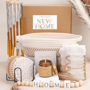 House Warming Gifts New Home | 8 Pcs New House Essentials | Housewarming Gifts Basket with Coasters, Personalized Gift Ideas Basket with Wind Chime, Realtors Closing Gifts for Home Buyers