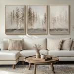 Framed Netural Wall Art for Living Room, Large 3 Piece Abstract Pastel Grunge Forest Landscape Tree Canvas Artwork Set, Modern Art Decorative Nordic Painting Picture Prints for Hallway Office 24x36 In