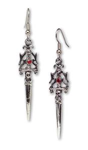 Gothic Skull Dagger Earrings with Red Crystals