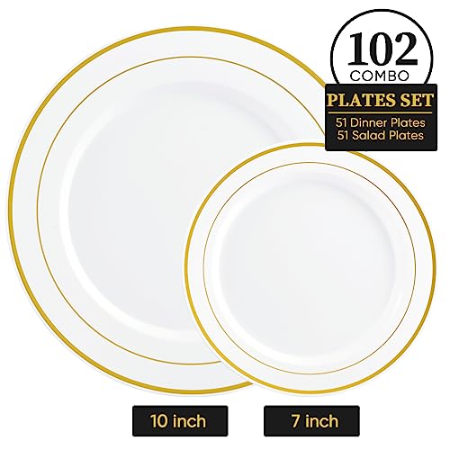 102Pcs Gold Plastic Plates with Elegant Gold Rim