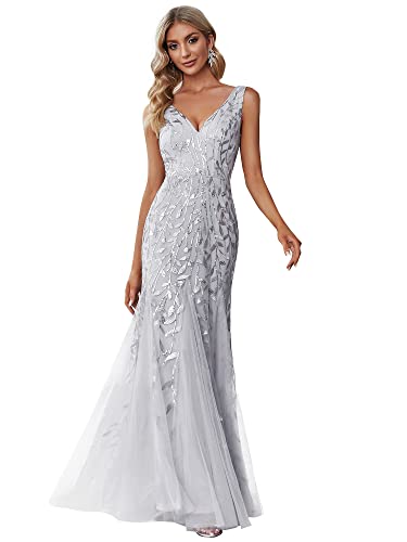 Silver Lace Embroidered Wedding Party Maxi Dress - Size US12