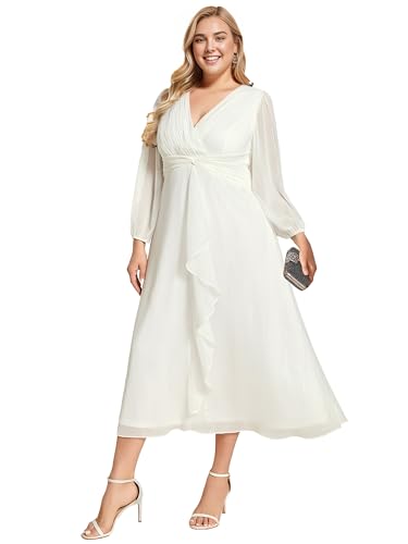Ever-Pretty V Neck Tea Length Plus Size Wedding Dress