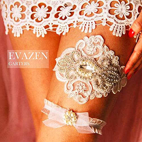 EVAZEN White Lace Floral Wedding Garter Set