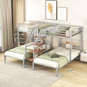 L-Shaped Triple Bunk Bed with Metal Twins