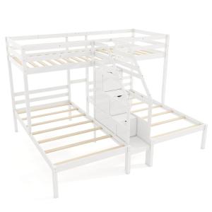 Wooden Triple Bunk Bed with Storage Staircase