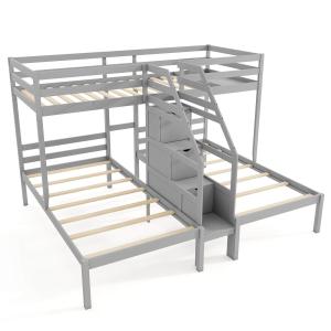 Wooden Triple Bunk Bed with Storage Stairs