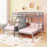 Wooden Triple Bunk Bed with Storage Stairs