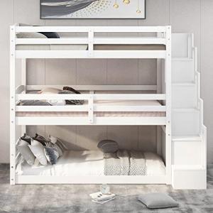 Solid Wood Triple Bunk Bed with Storage Stairs