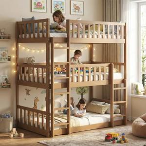 Kids Triple Bunk Bed with Convertible Design